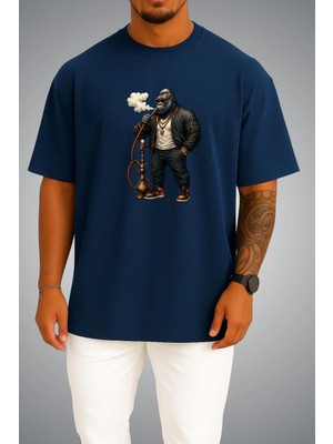 Bahriyeli Collection Oversize Nargile Içen Goril Göğüs ve Sırt Baskılı Unisex T-Shirt