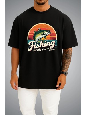 Bahriyeli Collection Oversize Fishing Is My Favorite Season Göğüs ve Sırt Baskılı Unisex T-Shirt