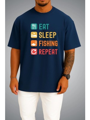 Bahriyeli Collection Oversize Eat Sleep Fishing Repeat Göğüs Baskılı Unisex T-Shirt