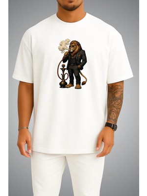 Bahriyeli Collection Oversize Nargile Içen Aslan Göğüs ve Sırt Baskılı Unisex T-Shirt