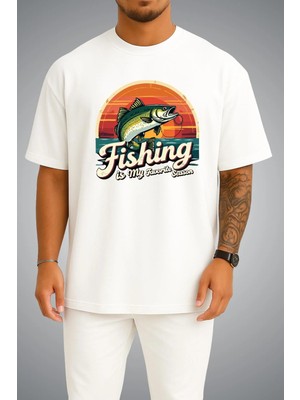 Bahriyeli Collection Oversize Fishing Is My Favorite Season Göğüs ve Sırt Baskılı Unisex T-Shirt
