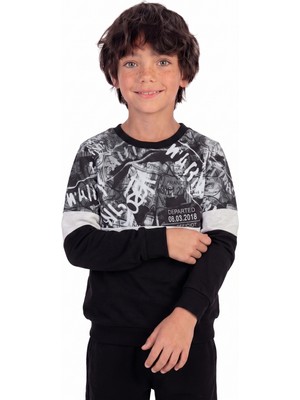 Onloox Erkek Çocuk Siyah Pamuklu Bisiklet Yaka Regular Kalıp Desenli Baskılı Sweatshirt (9 Yaş)