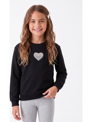 Onloox Kız Çocuk Siyah Pamuklu Bisiklet Yaka Uzun Kollu Inci Taşlı Kalp Desenli Sweatshirt (9-14 Yaş)