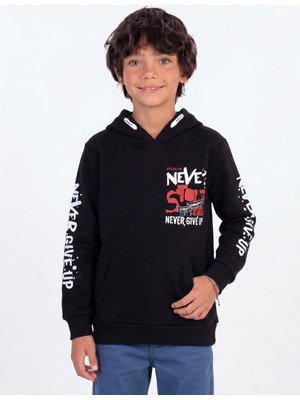Onloox Erkek Çocuk Siyah Pamuklu Iki Iplik Kapüşonlu Regular Kalıp Kanguru Cepli Sweatshirt (9-16 Yaş)