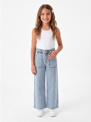 Onloox Kız Çocuk Açık Mavi Pamuklu Geniş Paça Düğmeli Paçası Püsküllü Denim Jean Pantolon (13-14 Yaş)