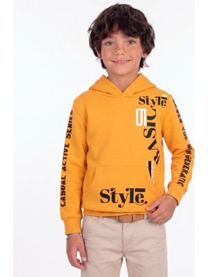 Onloox Erkek Çocuk Hardal Sarı Pamuklu Uzun Kollu Regular Kesim Baskılı Kanguru Cep Sweatshirt (9 Yaş)