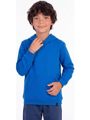 Onloox Erkek Çocuk Saks Mavisi Pamuklu Kapüşonlu Uzun Kollu Regular Fit Kanguru Cepli Sweatshirt (4-5 Yaş)