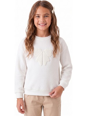 Onloox Kız Çocuk Ekru Waffle Dokulu Bisiklet Yaka Uzun Kollu Örgü Fiyonk Armalı Sweatshirt (5-9 Yaş)