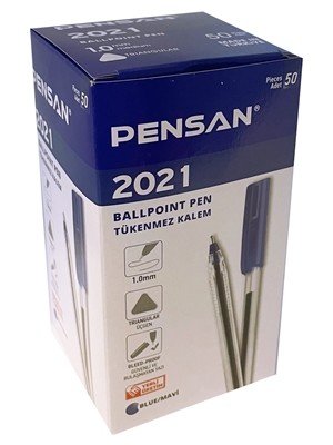 Pensan 2021 Şeffaf Üçgen Kalem 50LI Kutu Mavi (2'li Paket)