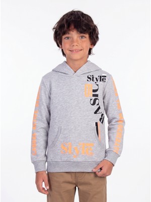 Onloox Erkek Çocuk Gri Melanj Pamuklu Kapüşonlu Uzun Kollu Baskılı Kanguru Cepli Sweatshirt (9-10 Yaş)