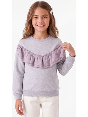 Onloox Kız Çocuk Gri Melanj Pamuklu Iki Iplik Bisiklet Yaka Uzun Kollu Güpürlü Sweatshirt (6-12 Yaş)