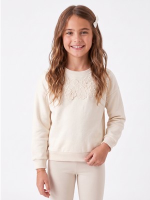 Onloox Kız Çocuk Krem Pamuklu Bisiklet Yaka Regular Incili Çiçek Nakışlı Sweatshirt (9-14 Yaş)