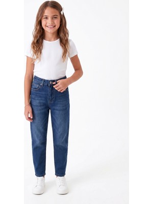 Onloox Kız Çocuk Mavi Pamuklu Denim Dar Kalıp Cepli Düğmeli Fermuarlı Jean Pantolon (9-14 Yaş)