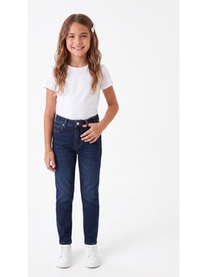 Onloox Kız Çocuk Koyu Mavi Pamuklu Denim Dar Kalıp Cepli Fermuarlı Jean Pantolon (9-14 Yaş)