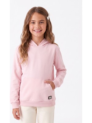 Onloox Kız Pembe Pamuklu Içi Şardonlu Kapüşonlu Regular Fit Kanguru Cepli Armalı Sweatshirt (4-7 Yaş)