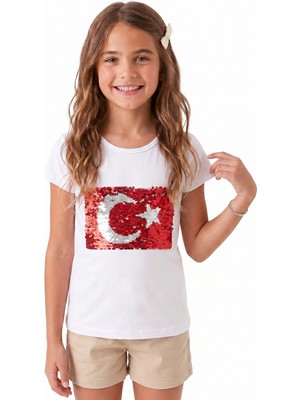 Onloox Kız Beyaz Pamuklu Penye Bisiklet Yaka Kısa Kollu Tam Kalıp Pullu Ay Yıldızlı Tişört (4-14 Yaş)