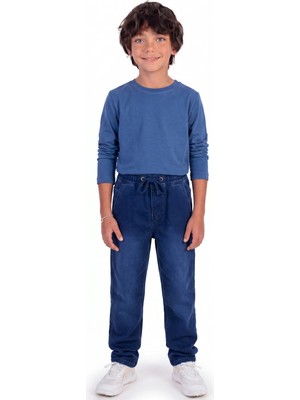 Onloox Erkek Çocuk Koyu Mavi Denim Dar Paça Regular Kesim Beli Lastikli Bağcıklı Jean Pantolon (5-9 Yaş)