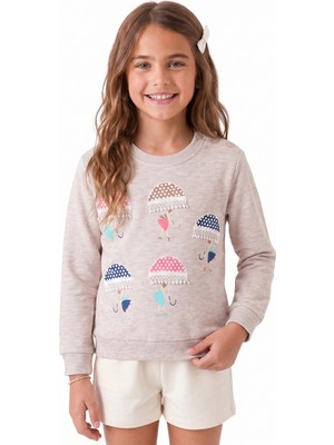 Onloox Kız Çocuk Bej Melanj Pamuklu Bisiklet Yaka Iki Iplik Şemsiyeli Güpür Baskılı Sweatshirt (1.5-5 Yaş)