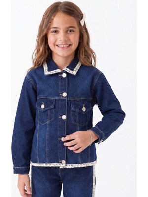 Onloox Kız Çocuk Koyu Mavi Pamuklu Denim Gömlek Yaka Regular Güpür Detaylı Düğmeli Jean Ceket (3-7 Yaş)