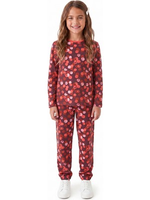 Onloox Kız Çocuk Mürdüm Pamuklu Penye Bisiklet Yaka Uzun Kollu Benekli Pijama Takımı (4-8 Yaş)