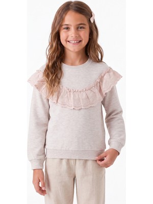 Onloox Kız Çocuk Bej Melanj Pamuklu Bisiklet Yaka Uzun Kollu Güpürlü Sweatshirt (6-12 Yaş)
