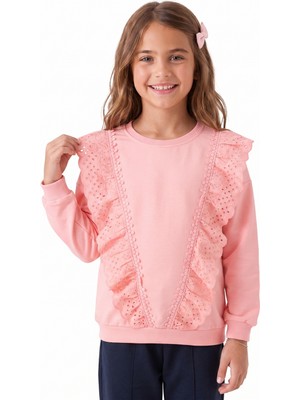 Onloox Kız Çocuk Pembe Pamuklu Bisiklet Yaka Uzun Kollu Regular Güpürlü Sweatshirt (1.5-5 Yaş)
