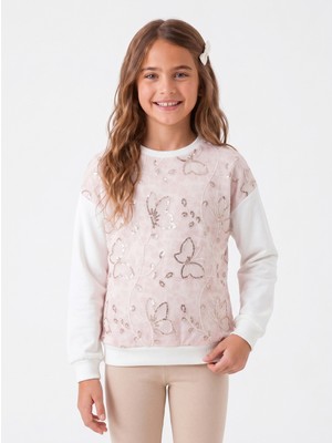 Onloox Kız Çocuk Pembe Pamuklu Bisiklet Yaka Uzun Kollu Pullu Kelebek Işlemeli Sweatshirt (8-12 Yaş)