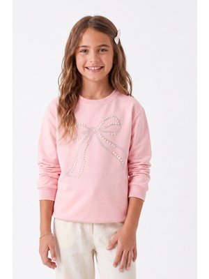 Onloox Kız Çocuk Pembe Pamuklu Bisiklet Yaka Uzun Kollu Regular Inci Taş Işlemeli Sweatshirt (7-10 Yaş)