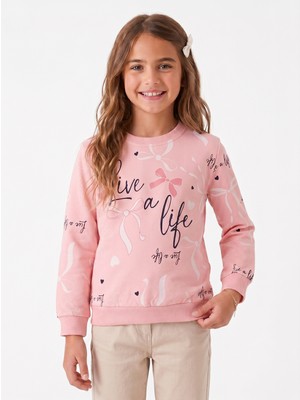 Onloox Kız Çocuk Pembe Pamuklu Bisiklet Yaka Regular Kalp Fiyonk Baskılı Sweatshirt (4-5 Yaş)