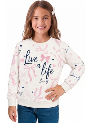 Onloox Kız Çocuk Ekru Pamuklu Bisiklet Yaka Regular Kalıp Fiyonk ve Kalp Baskılı Sweatshirt (3 Yaş)