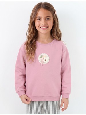 Onloox Kız Çocuk Gülkurusu Pamuklu Bisiklet Yaka Düşük Kol Oversize Çiçek Nakışlı Sweatshirt (2-6 Yaş)