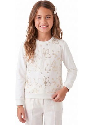 Onloox Kız Çocuk Ekru Pamuklu Bisiklet Yaka Uzun Kollu Pullu Kelebek Işlemeli Tüllü Sweatshirt (8-12 Yaş)