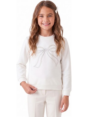 Onloox Kız Çocuk Ekru Pamuklu Bisiklet Yaka Regular Kalıp Inci Taş Işlemeli Sweatshirt (7-10 Yaş)