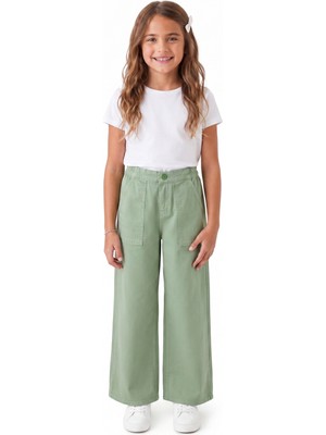 Onloox Kız Çocuk Mint Yeşili Pamuklu Gabardin Geniş Paça Beli Lastikli Dört Cepli Pantolon (12-14 Yaş)