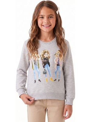 Onloox Kız Çocuk Bej Melanj Pamuklu Bisiklet Yaka Uzun Kollu Pullu Kız Baskılı Sweatshirt (3-4 Yaş)