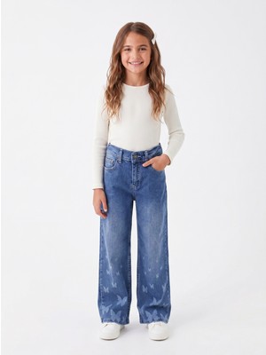 Onloox Kız Çocuk Mavi Denim Boru Paça Regular Kalıp Kelebek Baskı Detaylı Jean Pantolon (6-9 Yaş)