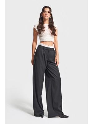 It's Basic Kadın Siyah Renk W5-1 Palazzo Fit Kemeri Dantel Detaylı Tasarım Pantolon