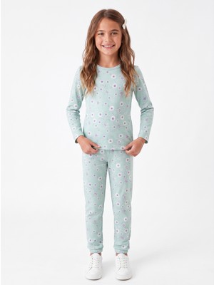 Onloox Kız Çocuk Su Yeşili Pamuklu Penye Bisiklet Yaka Uzun Kollu Çiçek Desenli Pijama Takımı (4-8 Yaş)