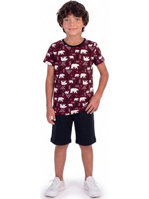 Onloox Erkek Vişne Çürüğü Pamuklu Bisiklet Yaka Tam Kalıp Kutup Ayısı Desenli Pijama Takımı (4-8 Yaş)
