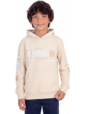 Onloox Erkek Krem Pamuklu Kapüşonlu Uzun Kollu Regular Kalıp Baskılı Kanguru Cepli Sweatshirt (9 Yaş)
