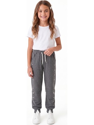 Onloox Kız Çocuk Koyu Gri Melanj Pamuklu Iki Iplik Regular Beli Lastikli Baskılı Eşofman Altı (8 Yaş)