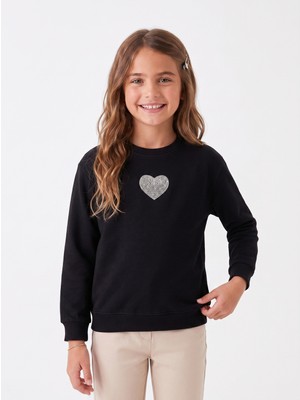 Onloox Kız Çocuk Siyah Pamuklu Bisiklet Yaka Regular Kalıp Inci Taşlı Kalp Desenli Sweatshirt (9-14 Yaş)