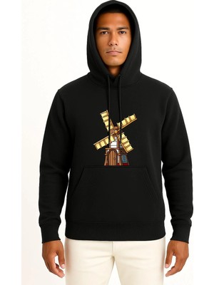 Bahriyeli Collection Kapüşonlu Kahverengi ve Sarı Yel Değirmeni Göğüs Baskılı Unisex Sweatshirt