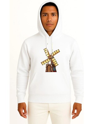 Bahriyeli Collection Kapüşonlu Kahverengi ve Sarı Yel Değirmeni Göğüs Baskılı Unisex Sweatshirt