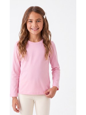 Onloox Kız Çocuk Pembe Pamuklu Penye Bisiklet Yaka Uzun Kollu Regular Fit Basic Tişört (4-8 Yaş)