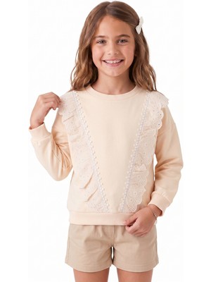 Onloox Kız Çocuk Krem Pamuklu Bisiklet Yaka Uzun Kollu Regular Güpürlü Iki Iplik Sweatshirt (1.5-4 Yaş)