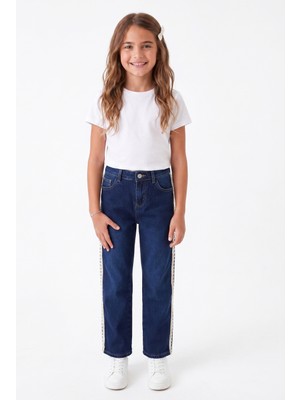 Onloox Kız Çocuk Koyu Mavi Denim Boru Paça Regular Kesim Yanı Güpür Detaylı Jean Pantolon (3-7 Yaş)