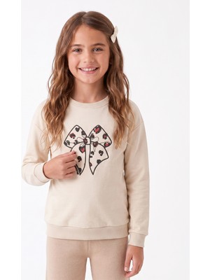 Onloox Kız Çocuk Krem Pamuklu Bisiklet Yaka Regular Kalıp Fiyonk Baskı Nakışlı Sweatshirt (6-10 Yaş)