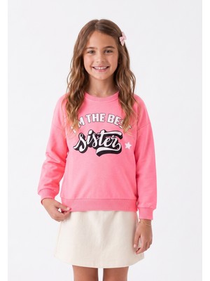 Onloox Kız Çocuk Neon Pembe Pamuklu Iki Iplik Bisiklet Yaka Regular Yazı Baskılı Sweatshirt (10-12 Yaş)