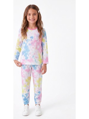 Onloox Kız Karışık Renk Pamuklu Bisiklet Yaka Uzun Kollu Paçası Lastikli Batik Pijama Takımı (4-5 Yaş)